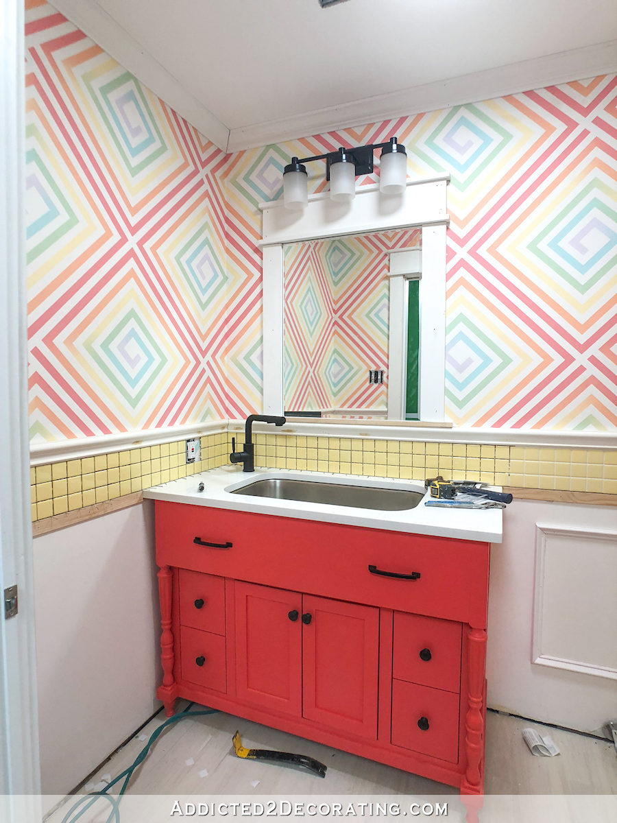 half bathroom progress - 9-24-19 - new framed mirror and crown molding