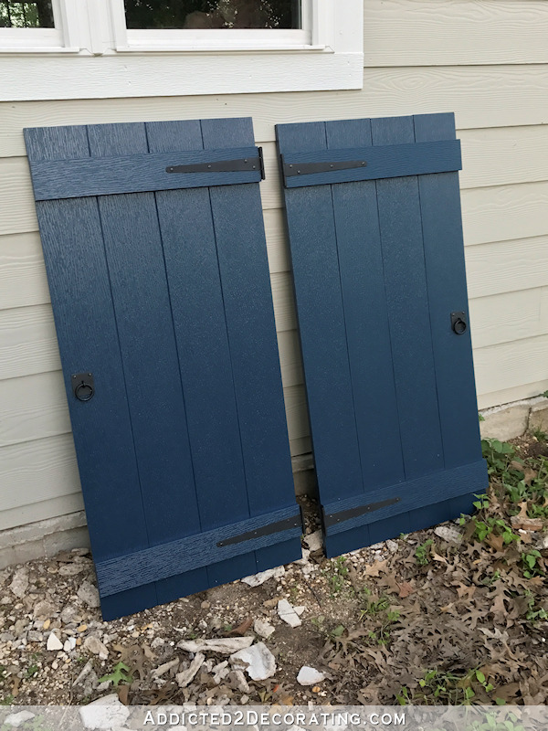 How to make DIY board and batten shutters -- finished shutters ready to hang