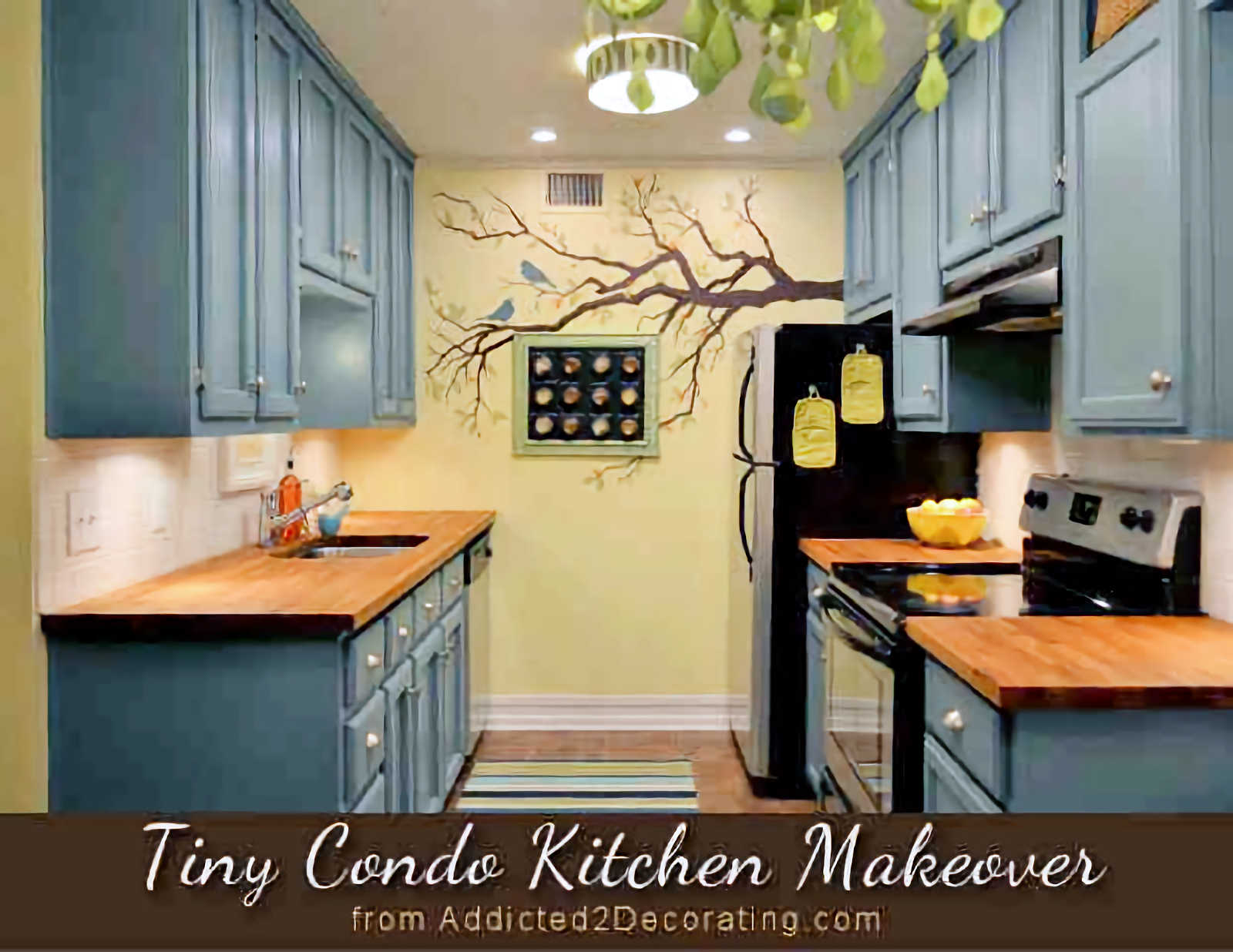 small condo kitchen remodel finished - teal cabinets, butcherblock countertops, white subway tile backsplash, yellow walls, wood slat ceiling